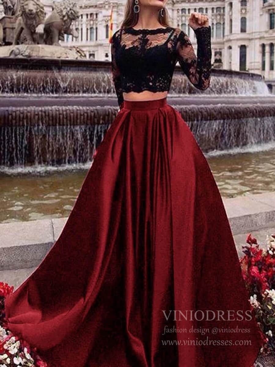 Long Sleeve Two Piece Lace Black Prom ...